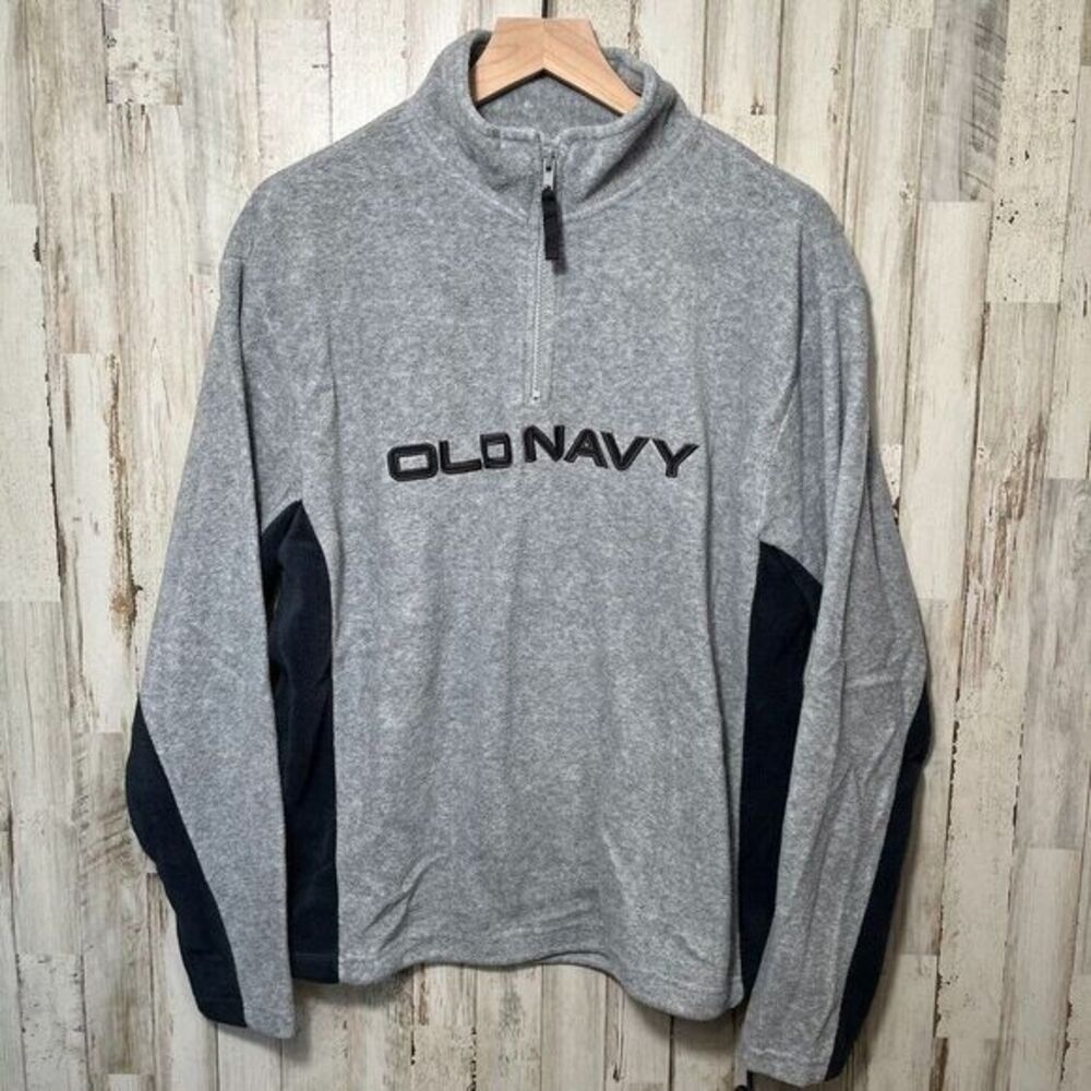 Vintage Y2K Old Navy Embroidered‎ Fleece Quarter Zip Sweater Gray Mens Medium